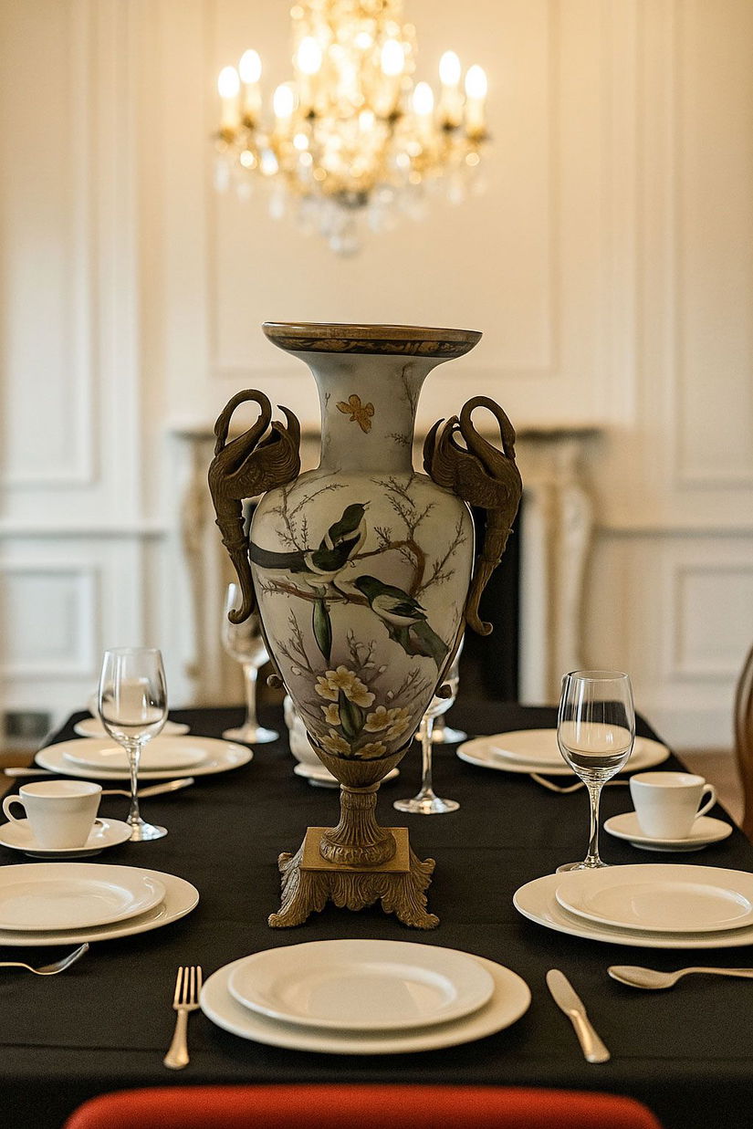 Amfora Craquelle din portelan cu lebede din bronz