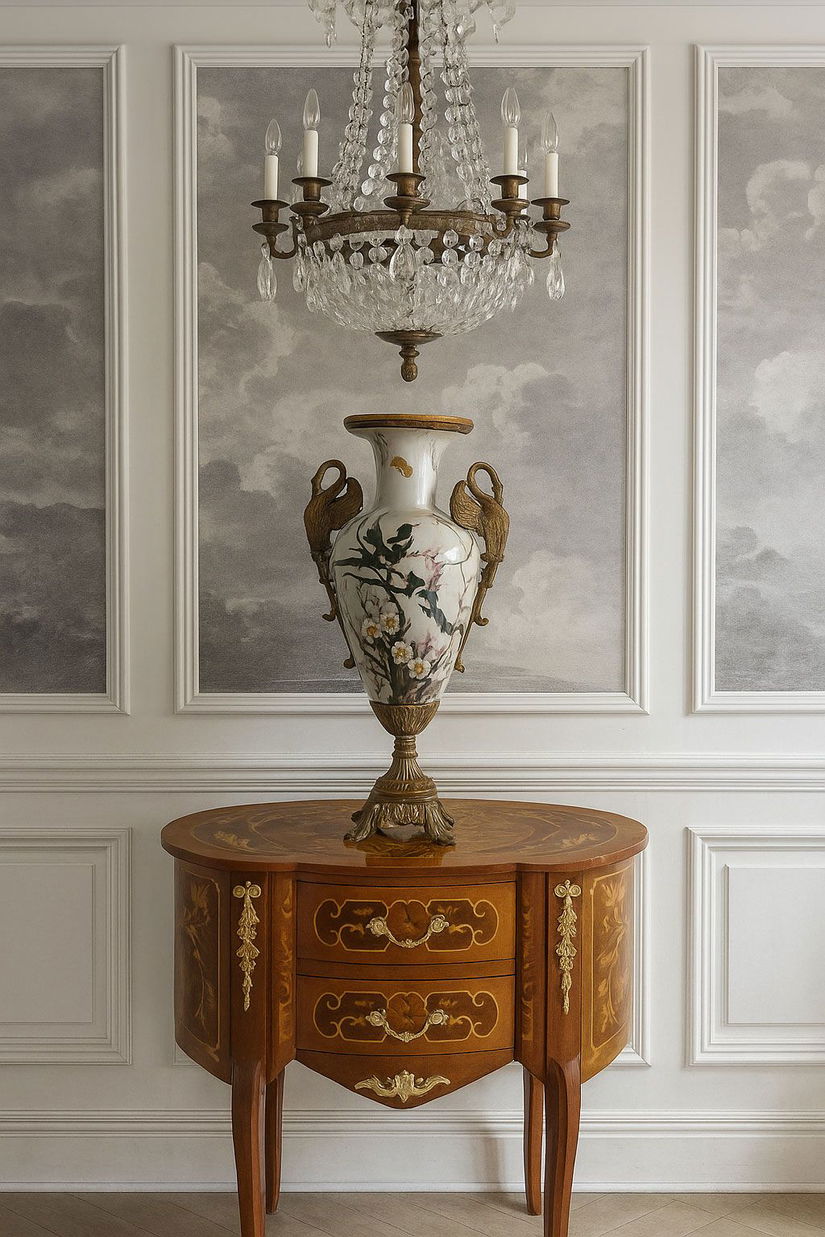 Amfora Craquelle din portelan cu lebede din bronz