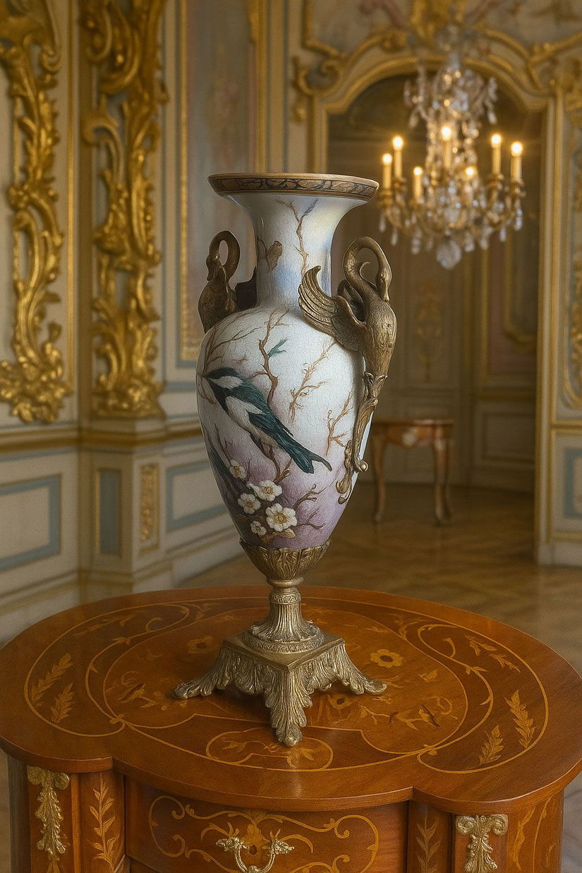 Amfora Craquelle din portelan cu lebede din bronz