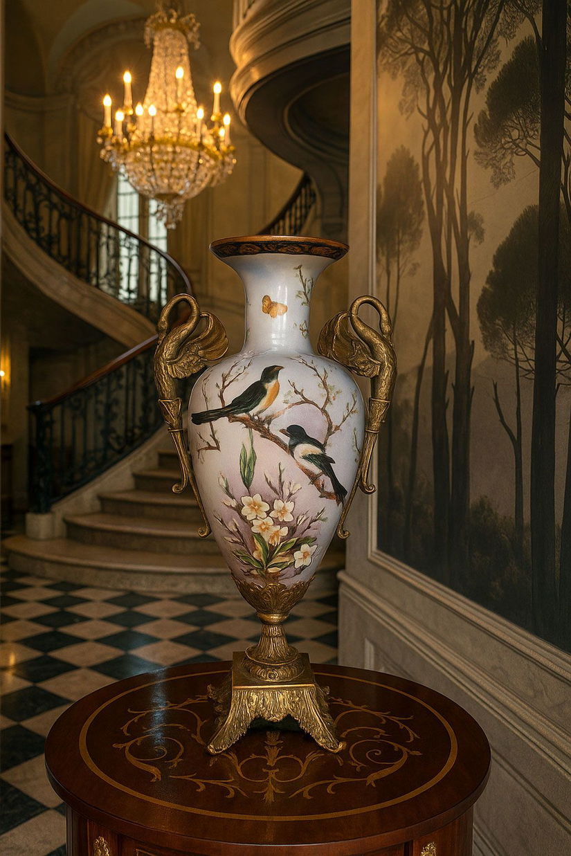 Amfora Craquelle din portelan cu lebede din bronz