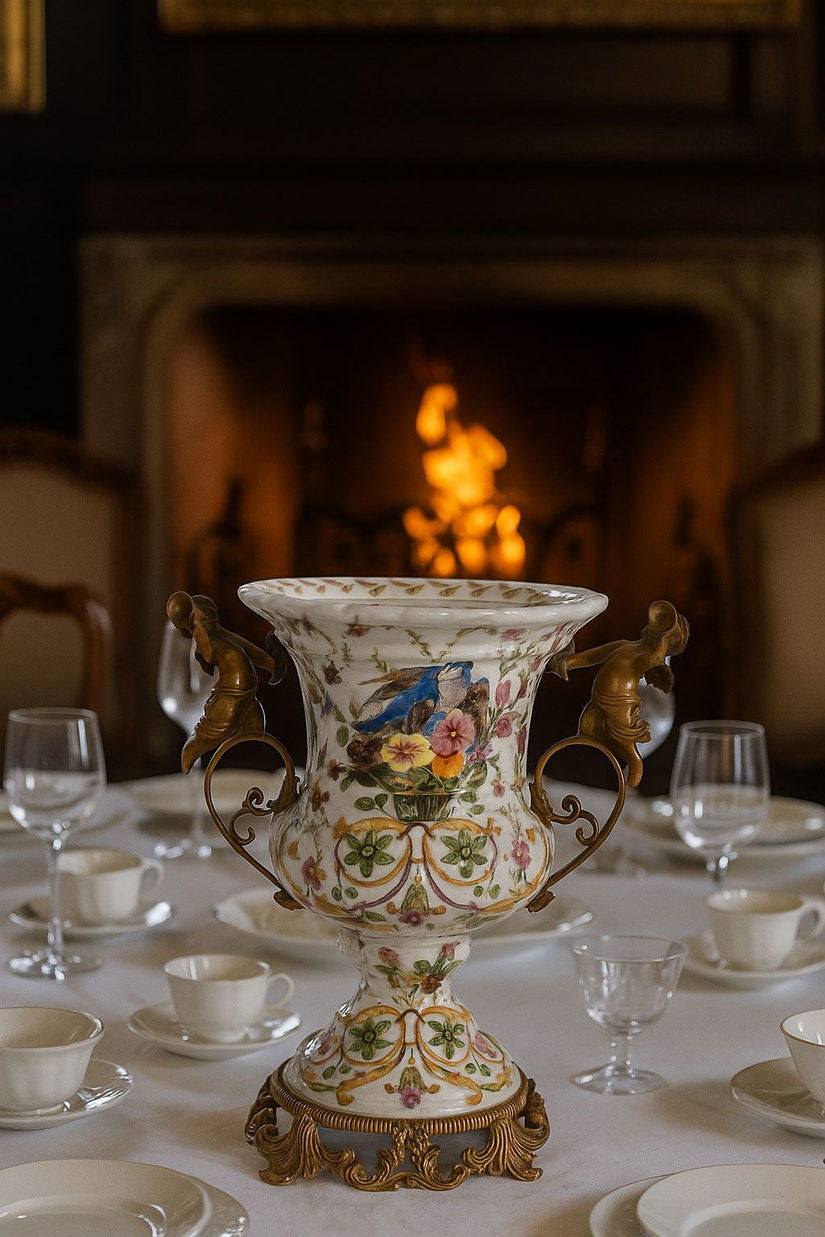 Amfora Craquelle din portelan cu ingerasi din bronz