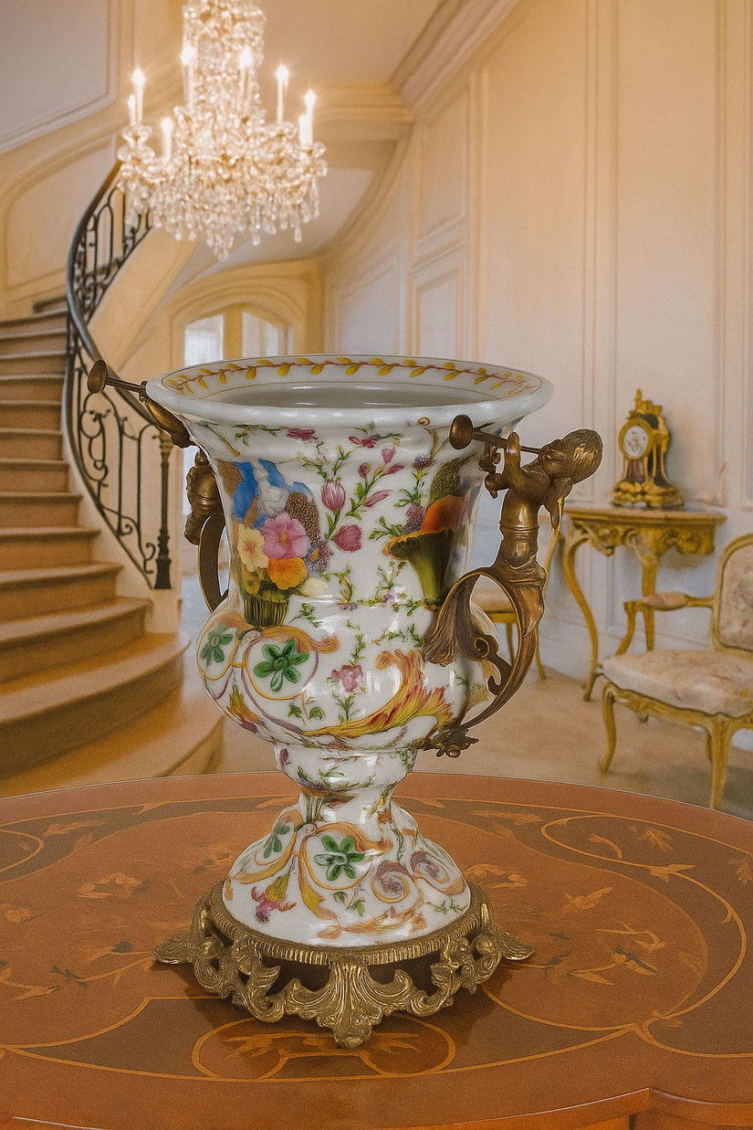 Amfora Craquelle din portelan cu ingerasi din bronz