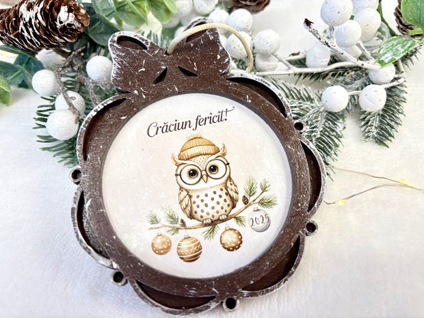 Glob Craciun Personalizat Lemn - Bufnita