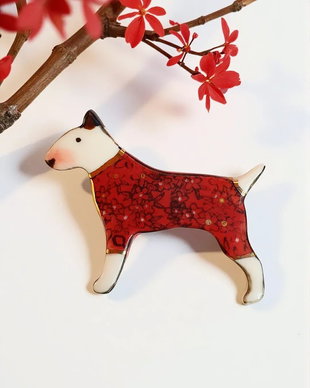 Brosa bull terrier din portelan pictata manual