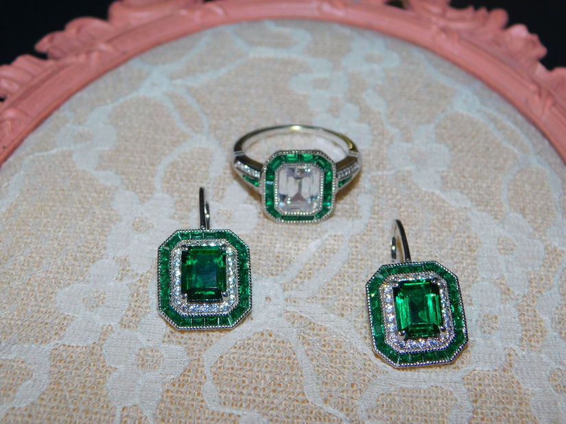 Set nou Italia ,  cercei si  inel ,    sterling silver ,  safir verde , smarald