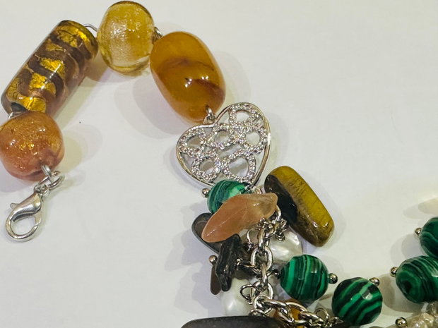 BRĂȚARĂ AMBER HARMONY-ochi de tigru,malachit de sinteză,perle cultură,inox,lampwork