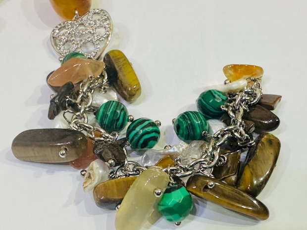BRĂȚARĂ AMBER HARMONY-ochi de tigru,malachit de sinteză,perle cultură,inox,lampwork