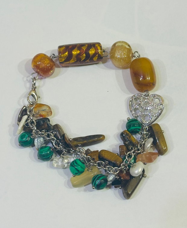 BRĂȚARĂ AMBER HARMONY-ochi de tigru,malachit de sinteză,perle cultură,inox,lampwork