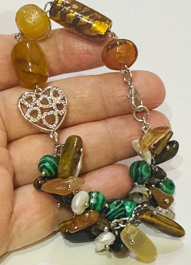 BRĂȚARĂ AMBER HARMONY-ochi de tigru,malachit de sinteză,perle cultură,inox,lampwork