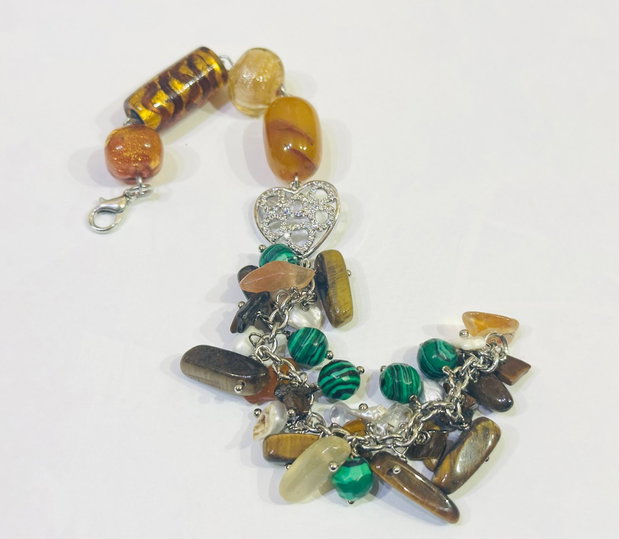 BRĂȚARĂ AMBER HARMONY-ochi de tigru,malachit de sinteză,perle cultură,inox,lampwork