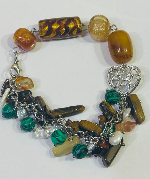 BRĂȚARĂ AMBER HARMONY-ochi de tigru,malachit de sinteză,perle cultură,inox,lampwork