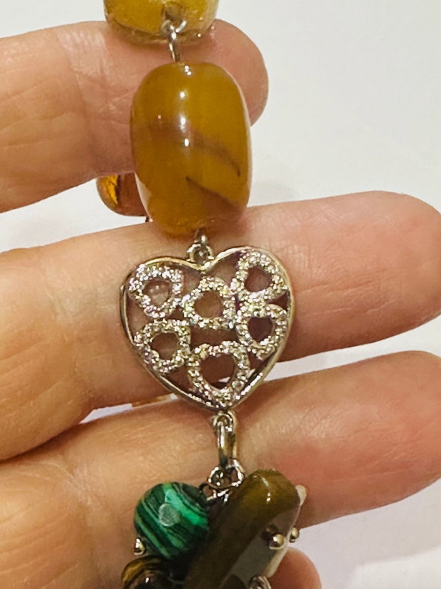 BRĂȚARĂ AMBER HARMONY-ochi de tigru,malachit de sinteză,perle cultură,inox,lampwork