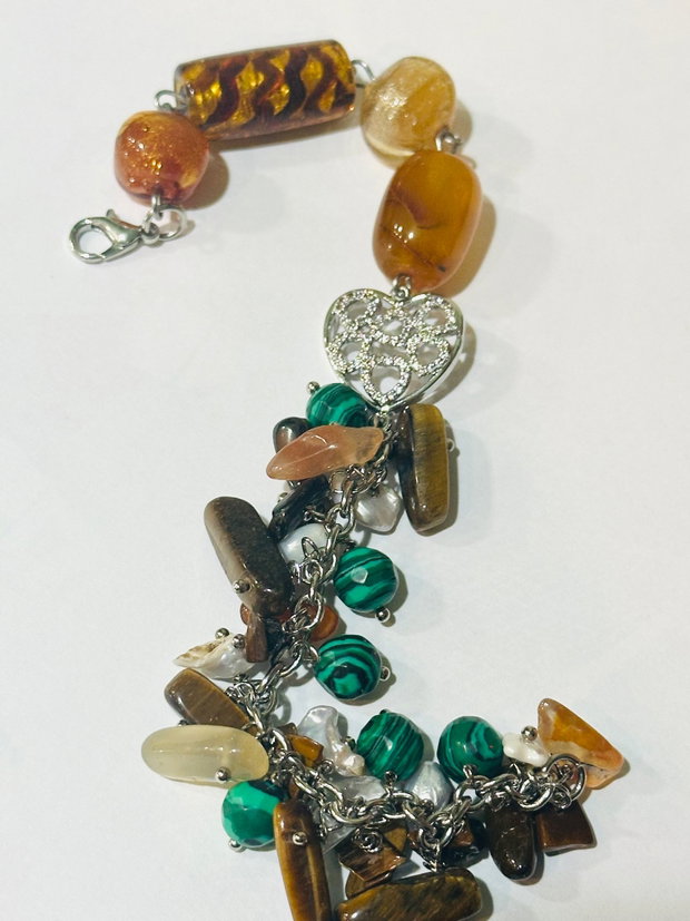 BRĂȚARĂ AMBER HARMONY-ochi de tigru,malachit de sinteză,perle cultură,inox,lampwork
