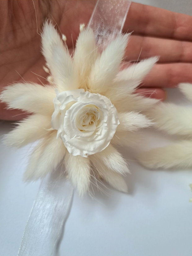 Set cocardă și brățară Mire/ Mireasă-trandafir criogenat Alb și flori naturale uscate