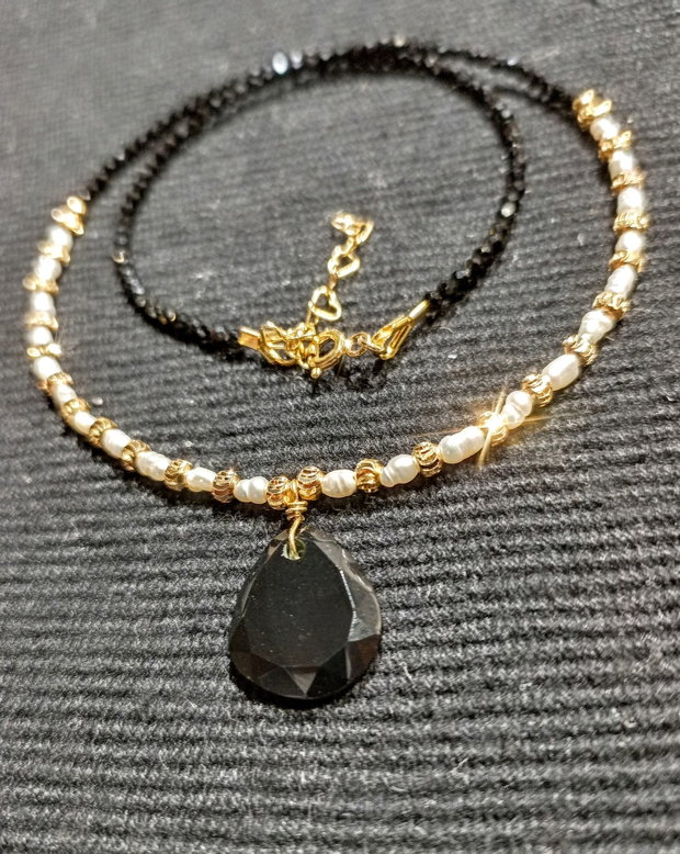 Colier vermeil perle naturale de cultura baroc mini spinel negru onix GAVBARI medalion minimalist boho chic trendy - Transport gratuit
