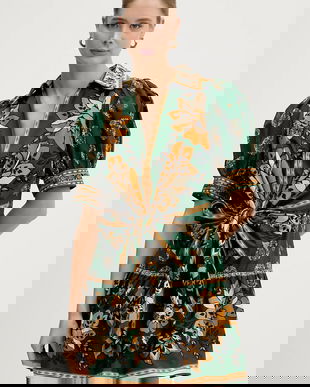 Farm Rio rochie din bumbac culoarea verde, mini, evazați, 351134