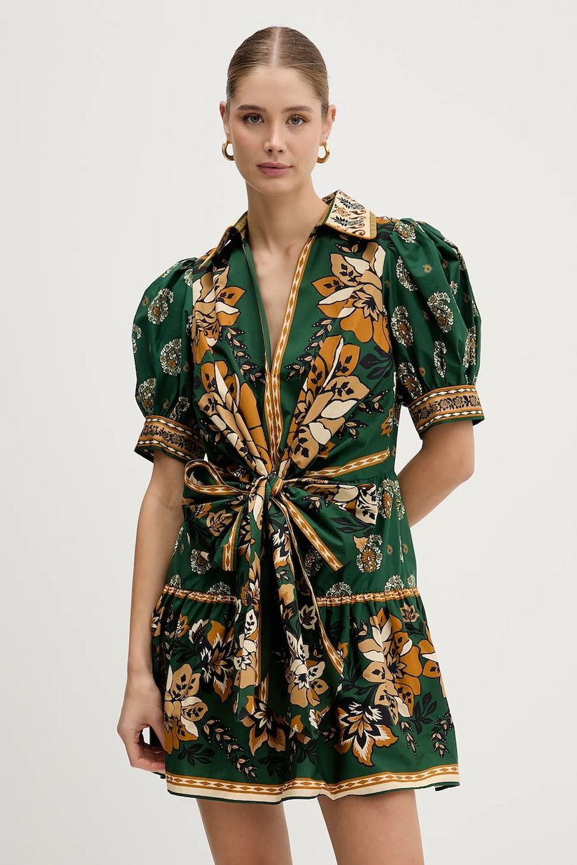 Farm Rio rochie din bumbac culoarea verde, mini, evazați, 351134