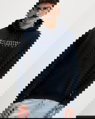 Tommy Jeans hanorac de bumbac culoarea bleumarin, cu glugă, uni, DM0DM22642