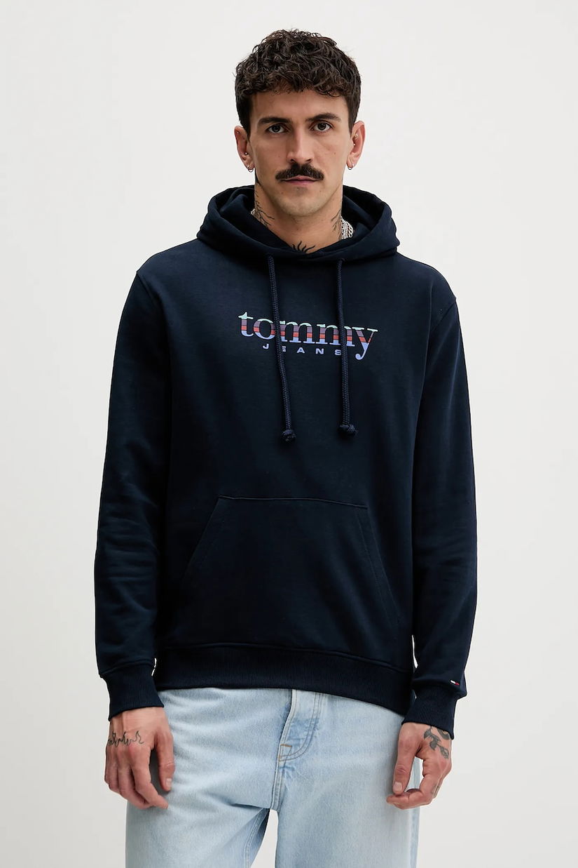 Tommy Jeans hanorac de bumbac culoarea bleumarin, cu glugă, uni, DM0DM22642