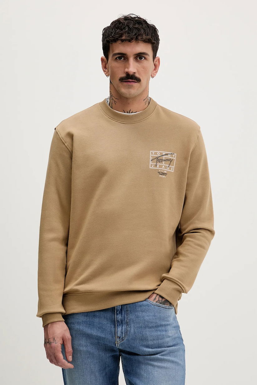 Tommy Jeans hanorac de bumbac culoarea maro, cu imprimeu, DM0DM22366