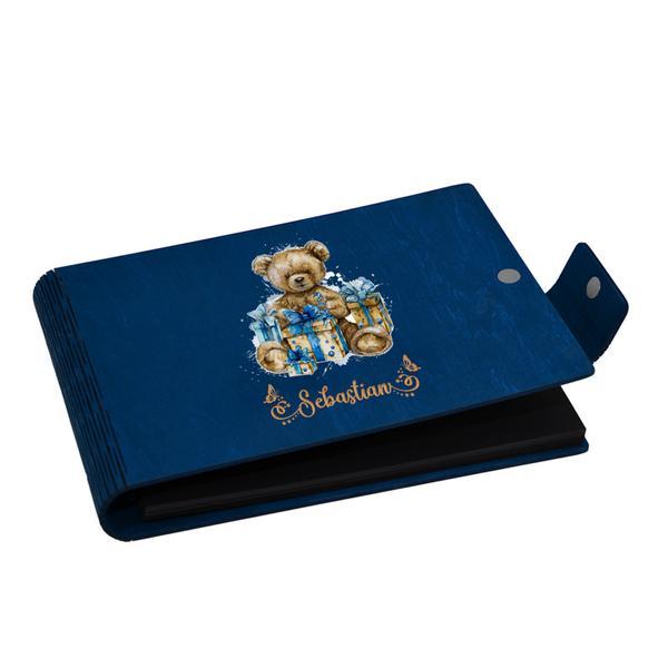 Album foto A5 personalizat, din lemn, Albastru, Piksel, GuestBook, Caiet amintiri copii, Ursulet