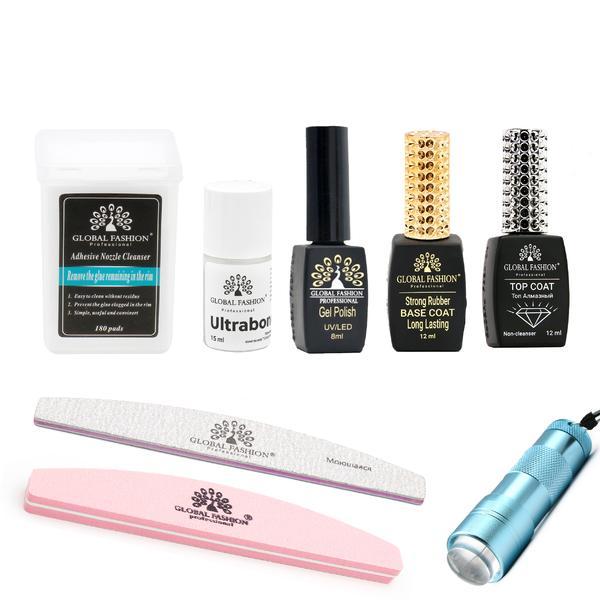 Set manichiură Global Fashion cu lampă UV/LED, primer UltraBond, bază și ojă semi-permanentă, multicolor