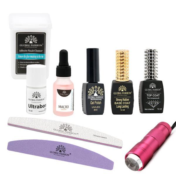 Set unghii Global Fashion, Lampa UV/LED, Pila Buffer, Primer Ultrabond, Oja semipermanenta, Top Coat, Ulei pentru cuticule