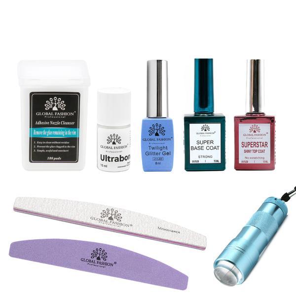 Set manichiura Global Fashion, lanterna portabila Uv/Led, Ultra Bond, Twilight Glitter Gel, multicolor
