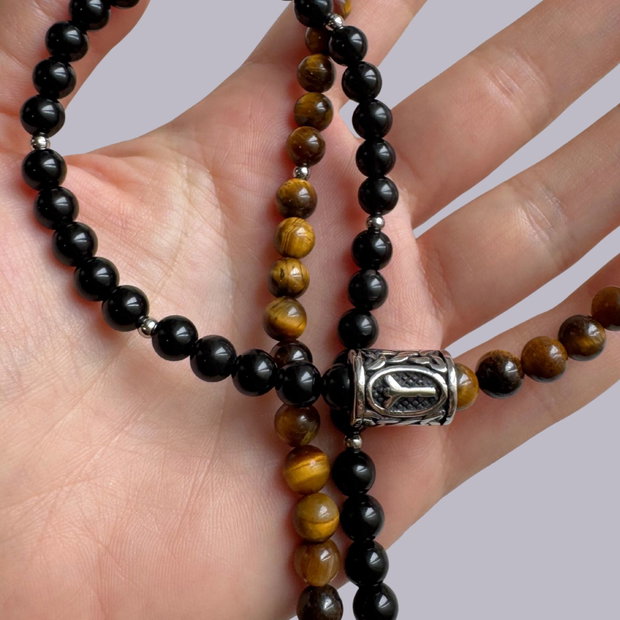 Colier barbati ochi de tigru, obsidian si pandativ Rune Vikinge - Algiz