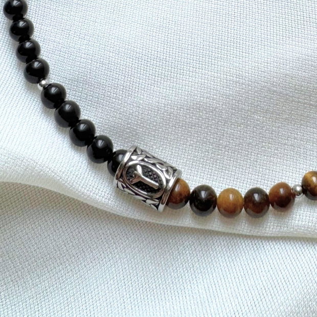 Colier barbati ochi de tigru, obsidian si pandativ Rune Vikinge - Algiz