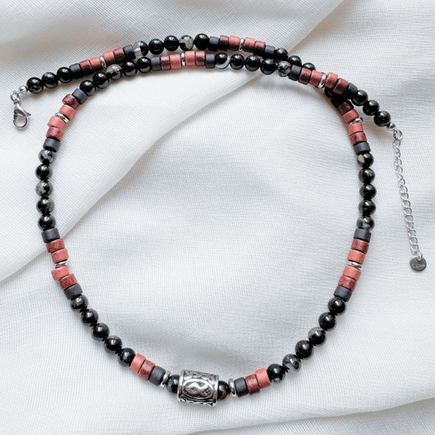 Colier barbati din turmalina neagra, ceramica si pandativ Rune Vikinge - Othala