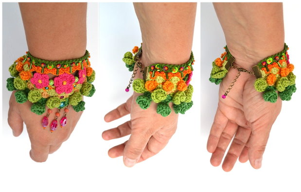 Bratara tip wristcuff verde crosetata, bratara mexicana