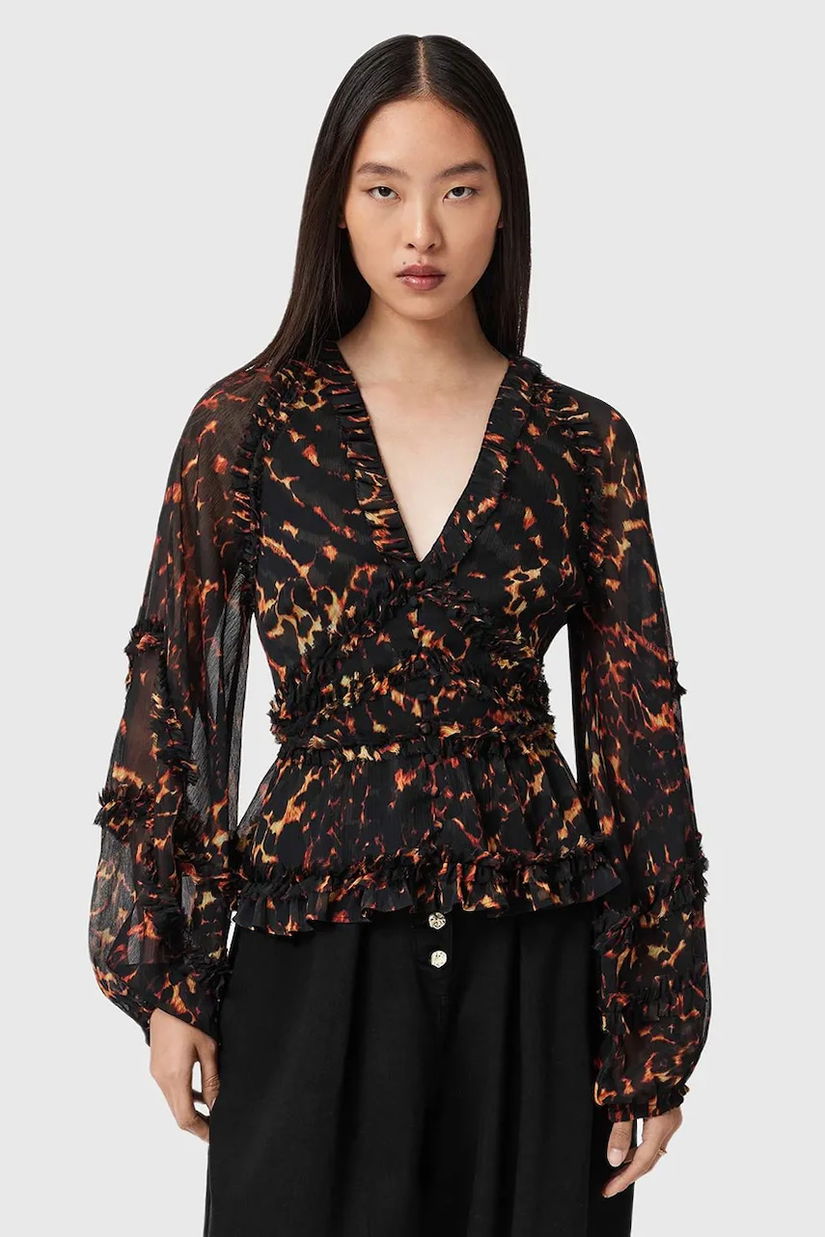 AllSaints bluză culoarea maro, cu imprimeu, W052PD