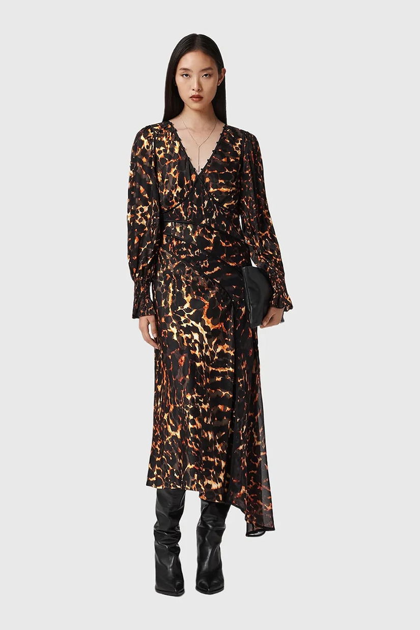 AllSaints rochie din mătase culoarea maro, midi, evazați, W102DD