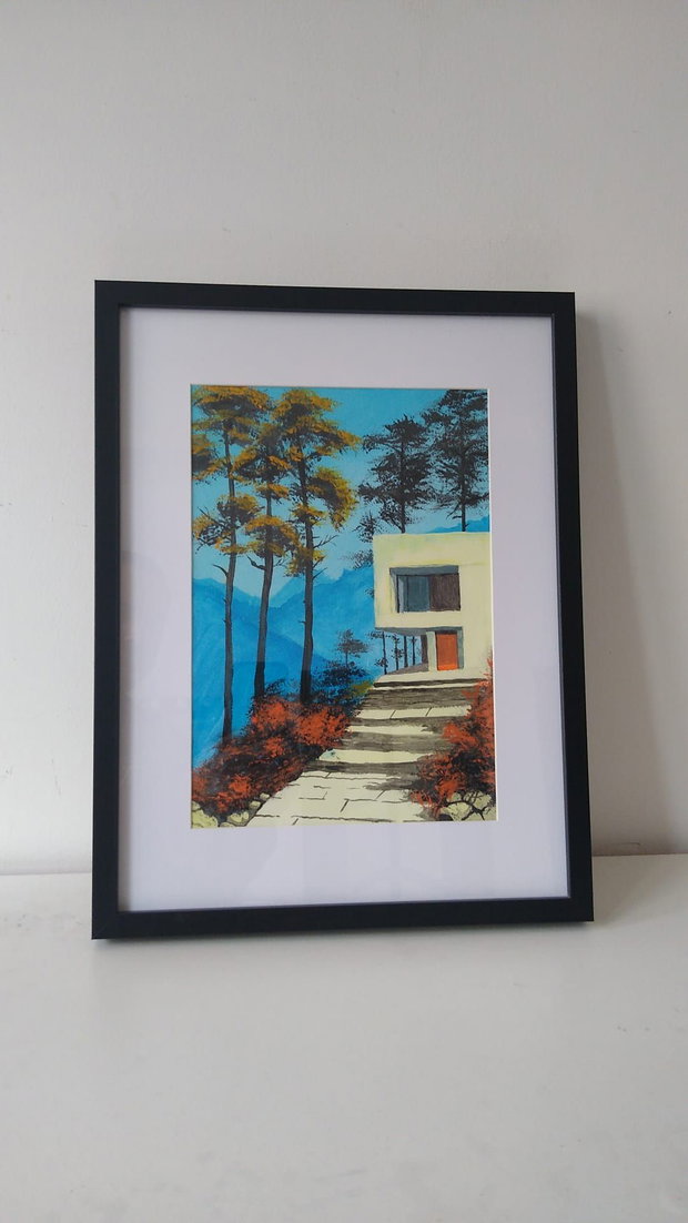 Tablou Casa moderna in munti, acrilic pe hartie