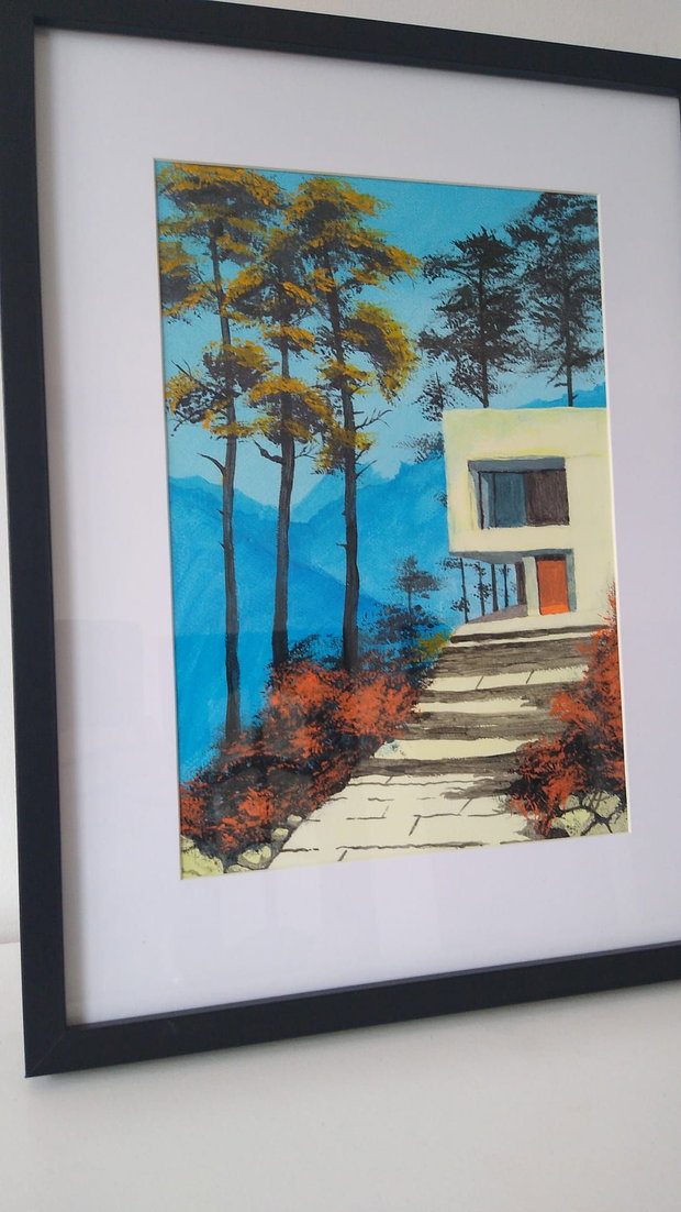 Tablou Casa moderna in munti, acrilic pe hartie