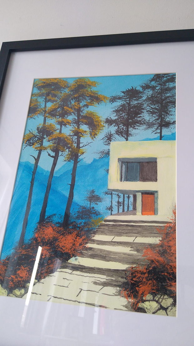 Tablou Casa moderna in munti, acrilic pe hartie