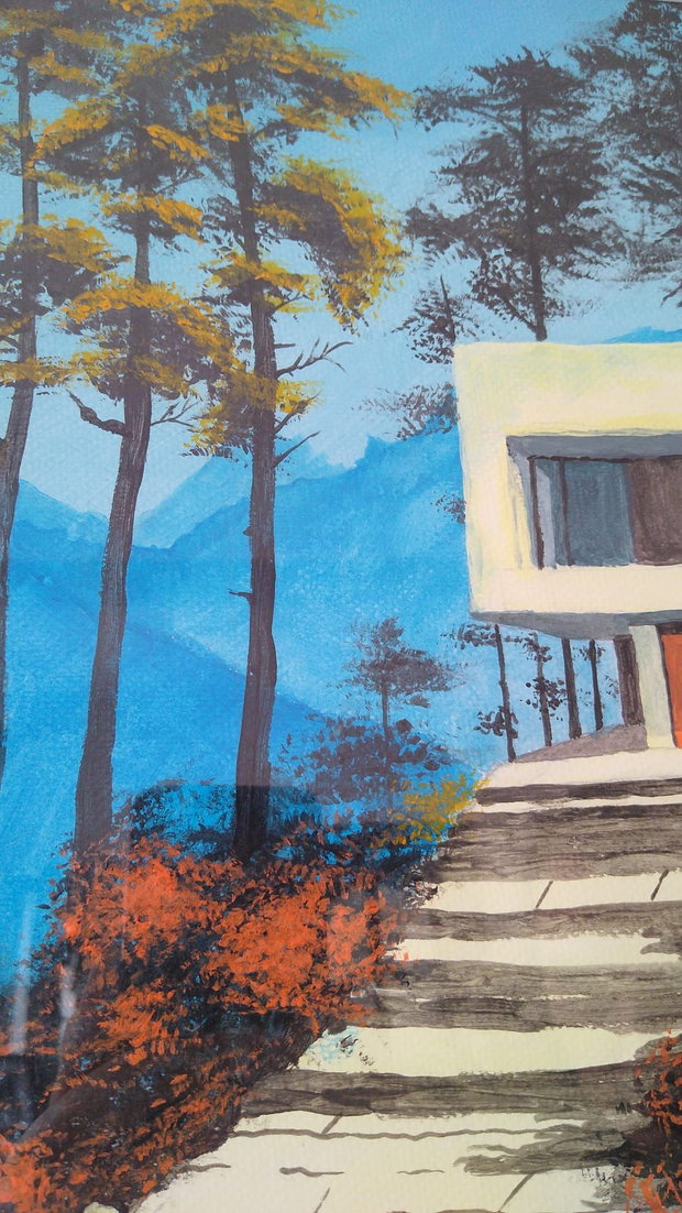 Tablou Casa moderna in munti, acrilic pe hartie
