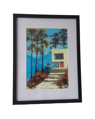 Tablou Casa moderna in munti, acrilic pe hartie