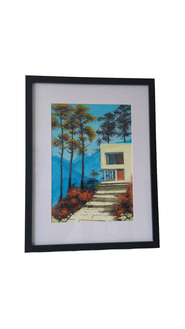 Tablou Casa moderna in munti, acrilic pe hartie