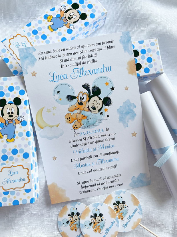 Invitații botez băieți tip cutiuță tematică Baby Mickey Mouse