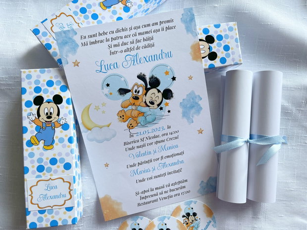 Invitații botez băieți tip cutiuță tematică Baby Mickey Mouse