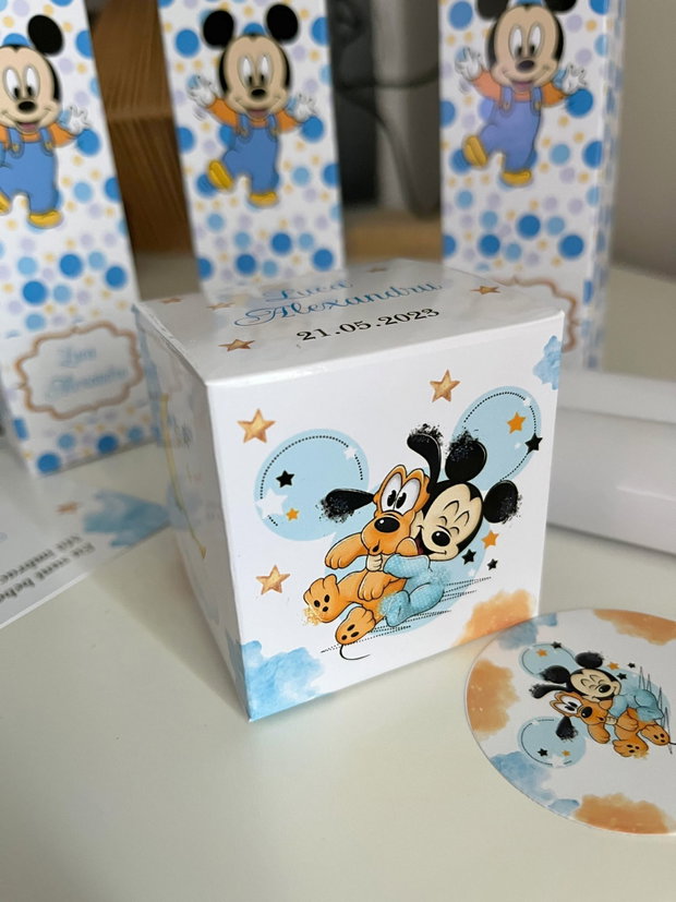 Cutii pentru mărturii botez băieți tematică Mickey Mouse, personalizate