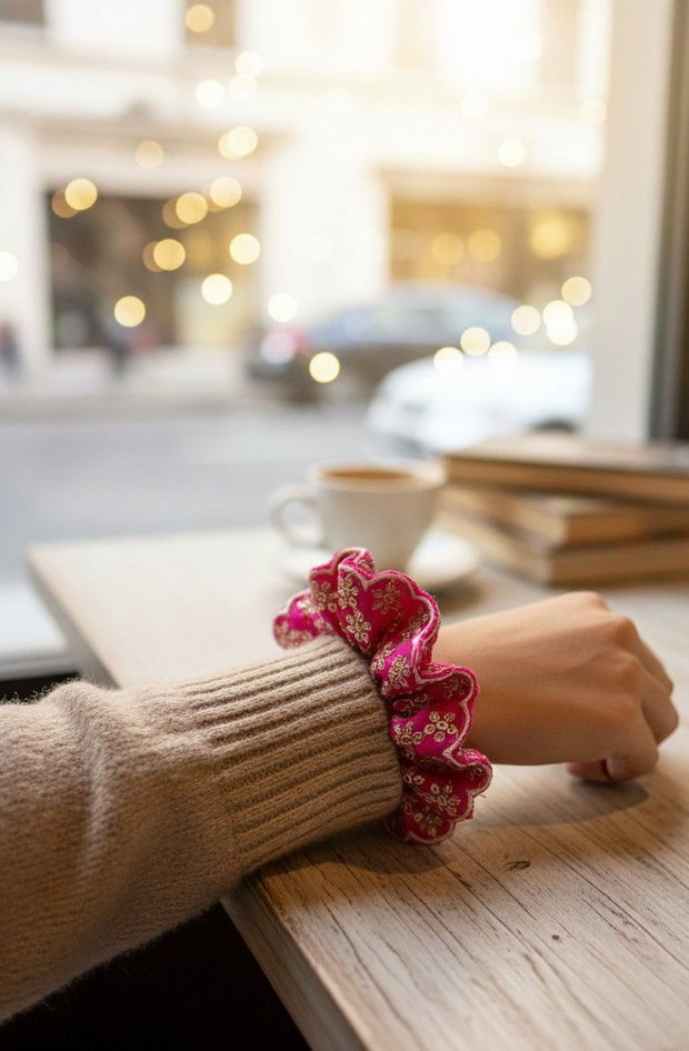 Scrunchie / elastic de par fuchsia cu flori și paiete