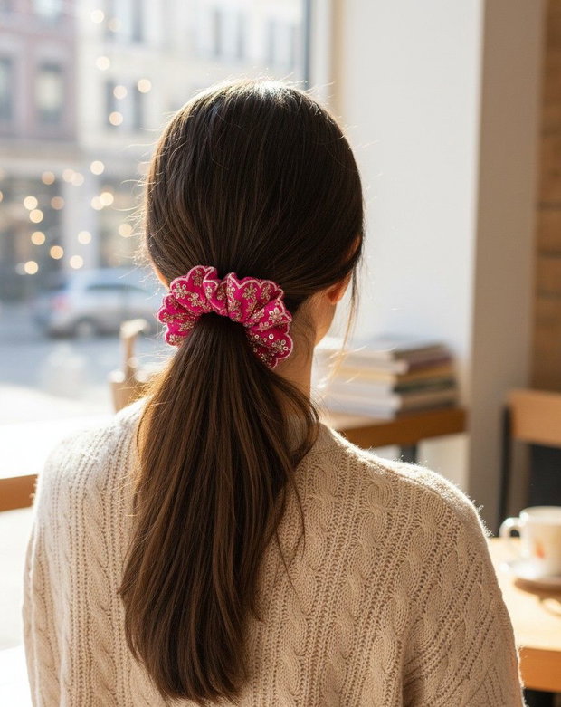 Scrunchie / elastic de par fuchsia cu flori și paiete
