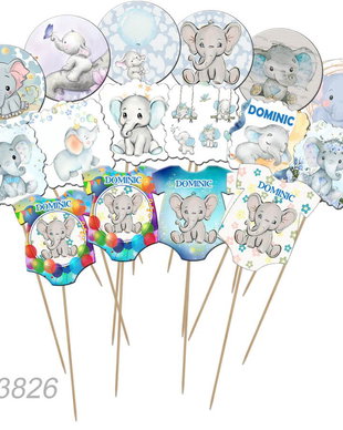 Decorațiuni botez cu Elefănțel, accesorii Candy Bar handmade - set 15 bucati