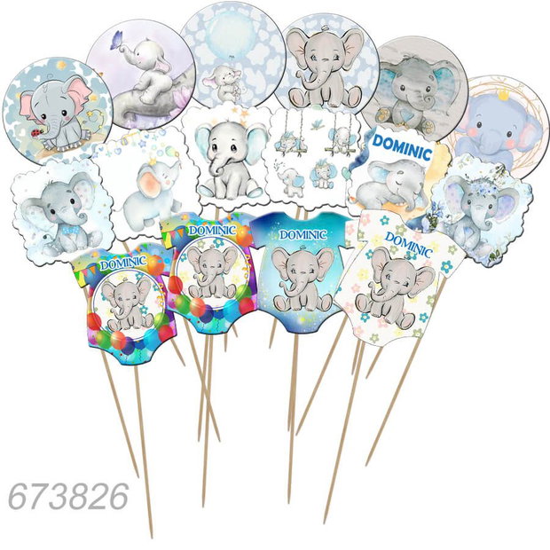 Decorațiuni botez cu Elefănțel, accesorii Candy Bar handmade - set 15 bucati