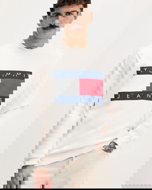 Tommy Jeans hanorac de bumbac culoarea bej, cu imprimeu, DM0DM22643