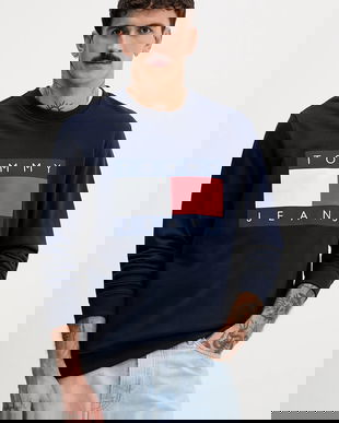 Tommy Jeans hanorac de bumbac culoarea bleumarin, cu imprimeu, DM0DM22643