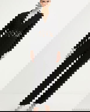 Morgan salopetă culoarea negru, dantelă, cu guler, PCORSE